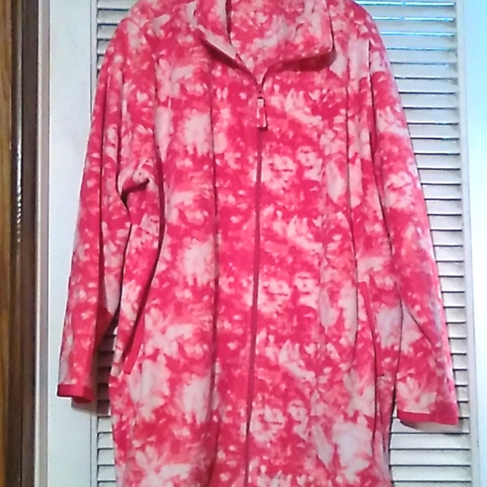 Woman Within Pink and White Tie-Dye Full-Zip Fleece Hoodie